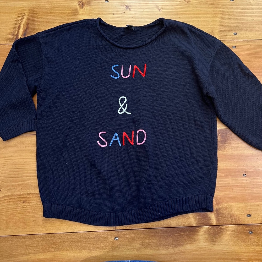 Talbots Petite XL Navy Blue Sun & Sand Embroidered Knit Sweater Nautical A4